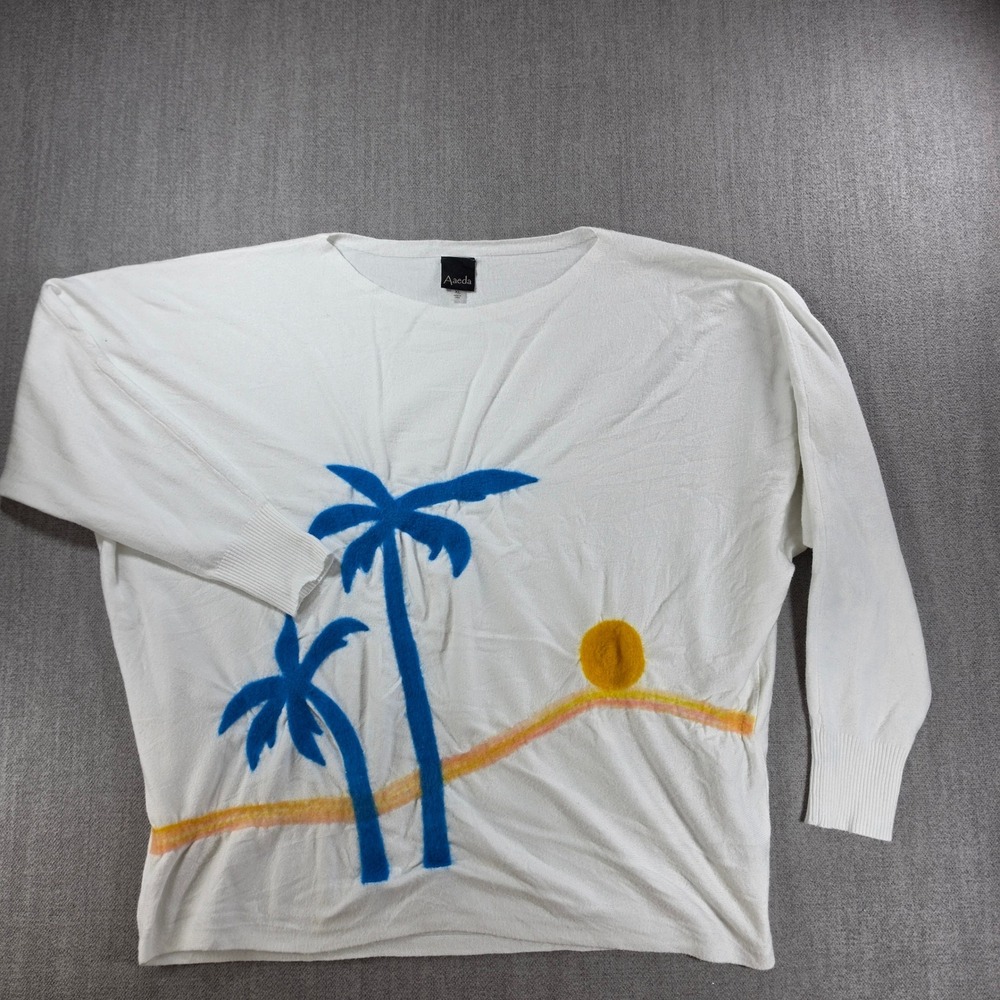 Aaeda Sweater Women XL White Palm Tree Graphic Knit Drop Shoulder Pullover